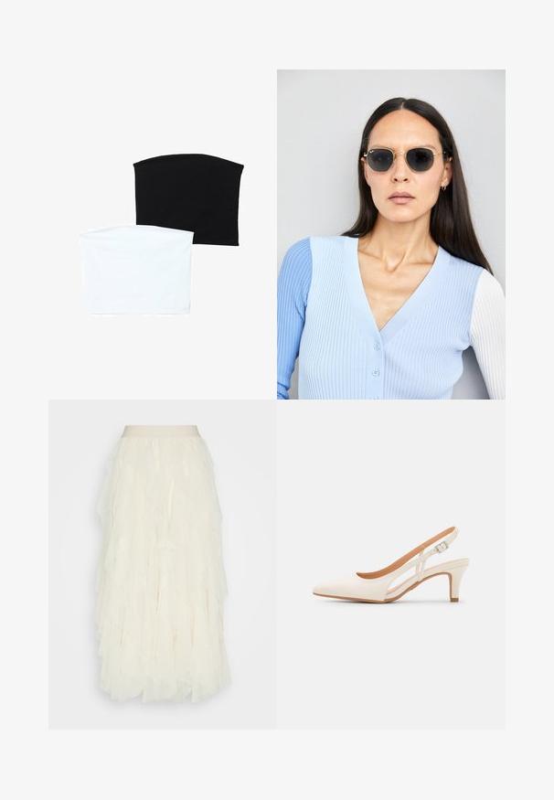 Due sciarpe a tubo senza soluzione di continuità: una nera e una bianca. Entrambe sono realizzate in tessuto morbido e elastico e presentano una texture liscia senza motivi.; Gonna in tulle crema con volants a strati. Presenta una vita liscia e una finitura trasparente e testurizzata. Scende fino a metà polpaccio.; Slingback bianco con punta affusolata, materiale superiore liscio, tacco basso a blocco e design con ritagli laterali, dotato di cinturino regolabile con fibbia.; Occhiali da sole rotondi con lenti scure e montatura dorata. Il modello indossa un cardigan leggero azzurro a costine con bottoni e maniche bianche a contrasto.; Wristlet Michael Kors in tela rivestita beige con motivo a logo MK ripetuto, hardware dorato e tracolla a catena staccabile.