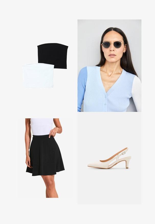 Deux écharpes tubulaires sans couture : l'une noire et l'autre blanche. Les deux sont fabriquées en tissu doux et extensible, avec une texture lisse sans motifs.; Jupe évasée noire en tissu doux avec une texture lisse et une taille large, présentée avec de doux plis et une coupe au genou.; Talons aiguilles blanches à bride arrière avec un bout pointu, un dessus lisse, un petit talon carré et un design avec découpes latérales et sangle réglable.; Lunettes de soleil rondes avec verres sombres et monture en or. Le modèle porte un cardigan à côtes bleu clair avec des boutons et des manches blanches contrastantes.; Porte-monnaie Michael Kors en toile enduite beige avec un motif répété de logo MK, des accessoires en or et une bandoulière en chaîne amovible.