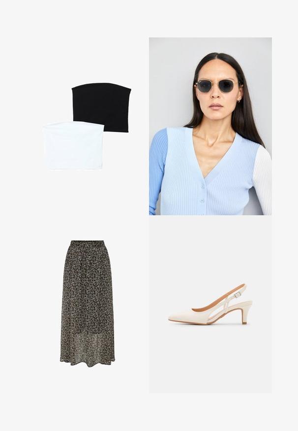 Due sciarpe a tubo senza soluzione di continuità: una nera e una bianca. Entrambe sono realizzate in tessuto morbido e elastico e presentano una texture liscia senza motivi.; Gonna maxi floreale in tessuto nero, caratterizzata da un design fluido, texture morbida e piccoli motivi floreali multicolori su tutta la superficie.; Slingback bianco con punta affusolata, materiale superiore liscio, tacco basso a blocco e design con ritagli laterali, dotato di cinturino regolabile con fibbia.; Occhiali da sole rotondi con lenti scure e montatura dorata. Il modello indossa un cardigan leggero azzurro a costine con bottoni e maniche bianche a contrasto.; Wristlet Michael Kors in tela rivestita beige con motivo a logo MK ripetuto, hardware dorato e tracolla a catena staccabile.