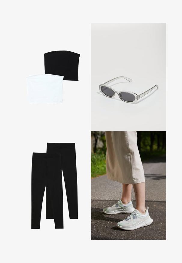 Zwei nahtlose Schlauchschals: einer schwarz und einer weiß. Beide bestehen aus weichem, dehnbarem Material und haben eine glatte Textur ohne Muster.; Schwarze Leggings aus dehnbarem Stoff, mit einem nahtlosen Bund und einer schmalen Passform, geeignet für Freizeit oder Sport.; Leichte Sportschuhe mit einem Obermaterial aus Netzgewebe in hellem Grün und Weiß, mit grauen Akzenten und einer dicken weißen Sohle.; Sonnenbrille mit ovaler Form, klarem Kunststoffrahmen, dunkelgrauen Gläsern und dünnen transparenten Bügeln mit Logo-Akzenten und minimalen Details.