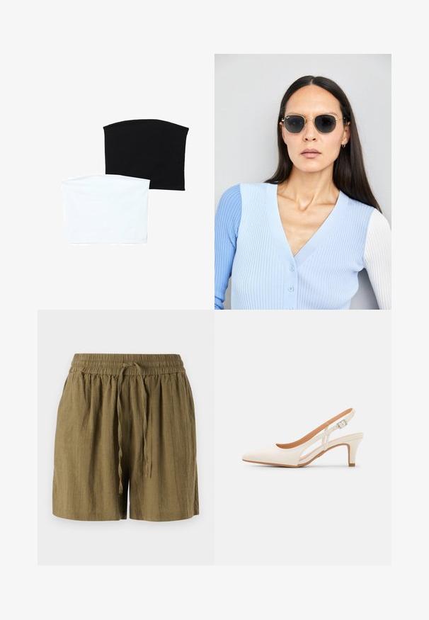 Deux écharpes tubulaires sans couture : l'une noire et l'autre blanche. Les deux sont fabriquées en tissu doux et extensible, avec une texture lisse sans motifs.; Shorts pull-on verts olive en tissu léger, dotés d'une taille élastique et d'un cordon de serrage, avec une coupe décontractée et ample.; Talons aiguilles blanches à bride arrière avec un bout pointu, un dessus lisse, un petit talon carré et un design avec découpes latérales et sangle réglable.; Lunettes de soleil rondes avec verres sombres et monture en or. Le modèle porte un cardigan à côtes bleu clair avec des boutons et des manches blanches contrastantes.; Porte-monnaie Michael Kors en toile enduite beige avec un motif répété de logo MK, des accessoires en or et une bandoulière en chaîne amovible.