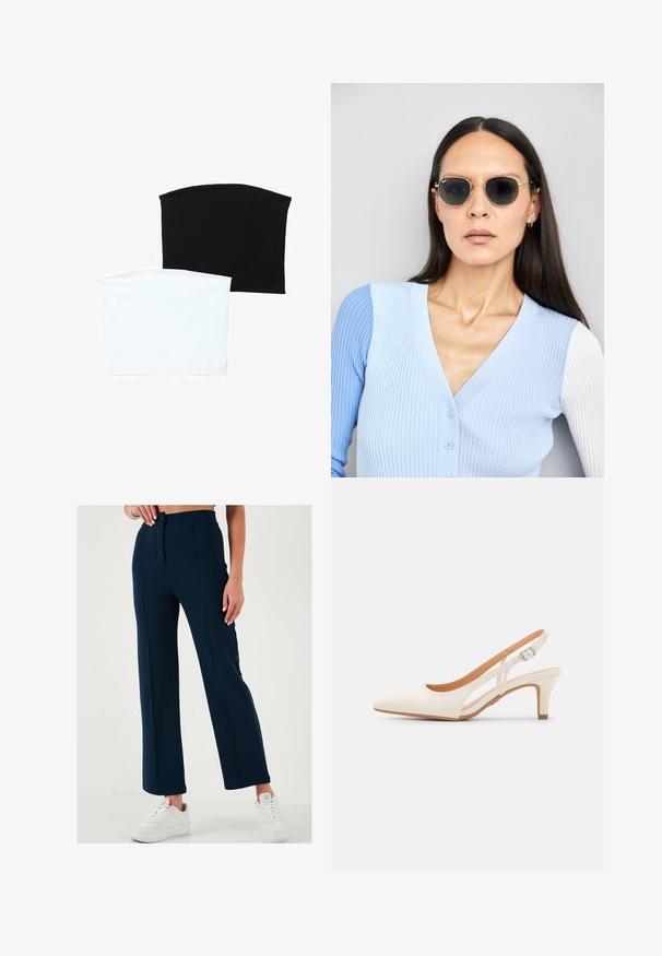 Deux écharpes tubulaires sans couture : l'une noire et l'autre blanche. Les deux sont fabriquées en tissu doux et extensible, avec une texture lisse sans motifs.; Pantalon large bleu marine en tissu lisse, avec une fermeture à bouton à l'avant et deux poches latérales, associé à des baskets blanches.; Talons aiguilles blanches à bride arrière avec un bout pointu, un dessus lisse, un petit talon carré et un design avec découpes latérales et sangle réglable.; Lunettes de soleil rondes avec verres sombres et monture en or. Le modèle porte un cardigan à côtes bleu clair avec des boutons et des manches blanches contrastantes.; Porte-monnaie Michael Kors en toile enduite beige avec un motif répété de logo MK, des accessoires en or et une bandoulière en chaîne amovible.; Bracelet en métal doré avec un design ouvert, présentant des bords lisses et arrondis ainsi qu'une forme fluide. Fini poli.