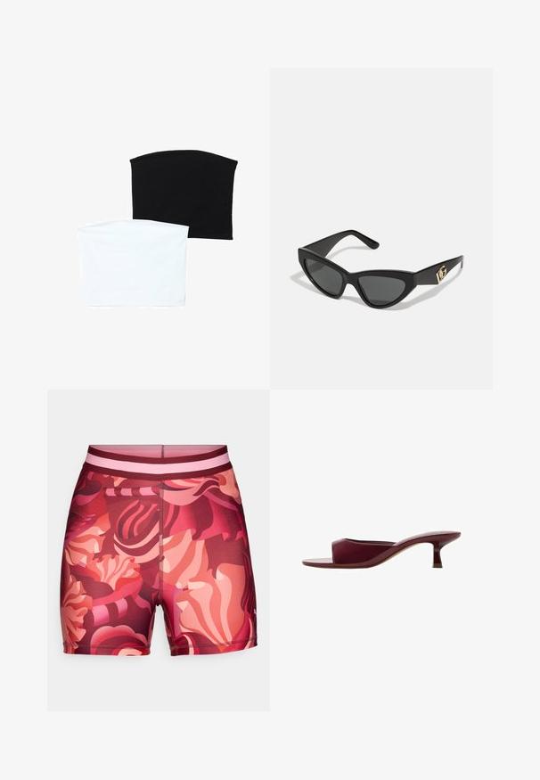 Dve brezšivne cevi šali: ena črna in ena bela. Obe sta izdelani iz mehkega, raztegljivega materiala in imata gladko teksturo brez vzorcev.; Plavalne kratke hlače s cvetličnim vzorcem v odtenkih rdeče in roza, ki se ponašajo z mešanim dizajnom, mehkim pasom in ravnimi šivi za udobje.; Burgundska odprta sandalna obutev s sijajnim zaključkom, nizko peto in minimalističnim dizajnom z gladko, ukrivljeno obliko.; Sončne naočale v mačjem stilu z mat črnim plastičnim okvirjem, temnimi lečami in zlatim logotipom na tempeljih. Kotačast dizajn in gladka tekstura.; Michael Kors denarnica v bež lakiranem platnu z mišičnim vzorcem ponavljajočega se logotipa MK, z zlatim okovjem in snemljivo verižico.
