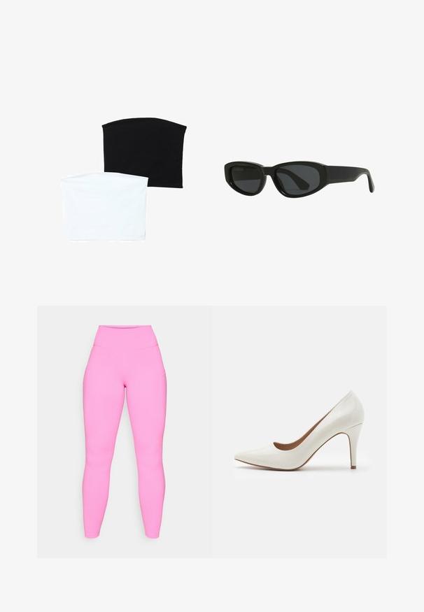 Dvě hladké trubkové šály: jedna černá a jedna bílá. Obě jsou vyrobené z měkké, elastické látky a mají hladký povrch bez vzorů.; Růžové legíny s vysokým pasem, vyrobené z pružného materiálu. Mají boční kapsy a hladký povrch, sahající až k kotníkům.; Bílé lakované kožené lodičky na vysokém podpatku s špičatou špičkou a hladkým povrchem, vybavené štíhlým podpatkem a nízkým střihem kolem otvoru.; Černé sluneční brýle s elegantním, úhlovým designem. Vyrobeny z plastu, mají tmavé čočky a hladký, lesklý povrch. Bez výrazných akcentů.