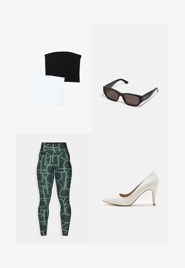 Dva bezšvové šály: jeden čierny a jeden biely. Obe sú vyrobené z mäkkej, elastickej látky a majú hladkú textúru bez vzorov.; Vysoké zelene legíny s geometrickým vzorom v tlmených odtieňoch. Vyrobené z elastického, hladkého materiálu so priliehavým strihom.; Biele lakované vysoké podpätky s špicatou špičkou a hladkým povrchom, s štíhlým podpätkom a nízkym strihom okolo otvoru.; Čierne obdĺžnikové slnečné okuliare s tmavými sklami. Majú hladký plastový rám a detail loga na bočnej časti. Čistý, moderný dizajn.; Michael Kors zápästná taška v béžovej potiahnutej plátenej tkanine s opakujúcim sa vzorom loga MK, zlatým kovania a odnímateľným reťazovým popruhom.