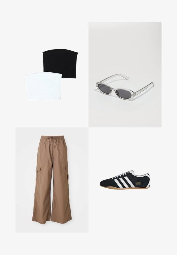 Dve brezšivne cevi šali: ena črna in ena bela. Obe sta izdelani iz mehkega, raztegljivega materiala in imata gladko teksturo brez vzorcev.; Rjave široke cargo hlače z ohlapnim krojem, z vrvico v pasu in stranskimi žepi s preklopom, širok kroj, prikazane na belem ozadju.; Črne semiš škornje z belimi tremi črtami, zlatim logotipom in rjavim gumijastim podplatom. Imajo nizke vezalke.; Sončna očala ovalne oblike, prozoren plastičen okvir, temno sivi leči in tanke prozorne roke z logotipnimi akcenti in minimalnimi detajli.