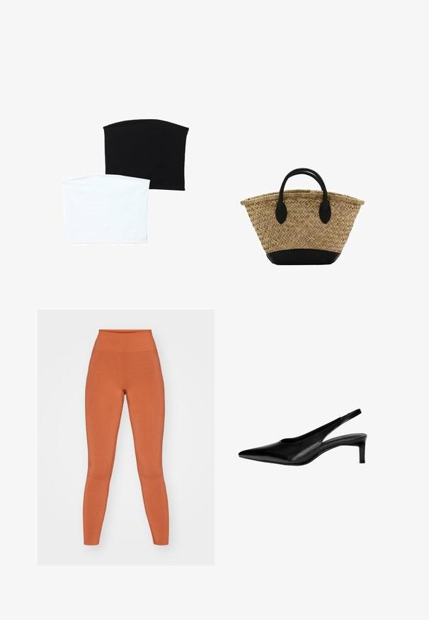 Dve brezšivne cevi šali: ena črna in ena bela. Obe sta izdelani iz mehkega, raztegljivega materiala in imata gladko teksturo brez vzorcev.; Oranžne visoke legice iz mehkega, raztegljivega materiala. Gladka tekstura s telesom prilagojeno silhueto, brezšivna konstrukcija in dolžina do gležnjev.; Črne usnjene slingback čevlje s koničastim nosom, nizko peto in izrezljanim dizajnom na straneh. Gladka tekstura z eleganten videzom.; Tkana košara iz slame sraslim oblikom, z črnim usnjenim dnom in ročaji. Teksturedne naravne vlaknine z gladkimi črnimi detajli.