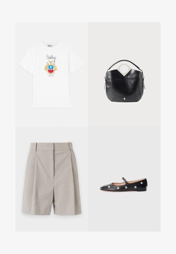 Balta medvilninė marškinė su spalvingu heraldiniu ženklu, kuris turi geltonus akcentus, mėlyną ratą ir raudonus trikampius. Virš ženklo juodai užrašyta "Bally".; By Malene Birger POVILLE - Šortai - grey brown; Juodų odinių Mary Jane plokščių batų su apvaliu pirštu, papuoštų sidabriniais apvaliais nagais ir reguliuojamu dirželiu su sagtimi.; Juodas odinis krepšys su kreipta forma, apvalia viršutine rankena ir sidabriniu logotipu. Lygus paviršius ir akcentuota išpjovų dizaino detalė.