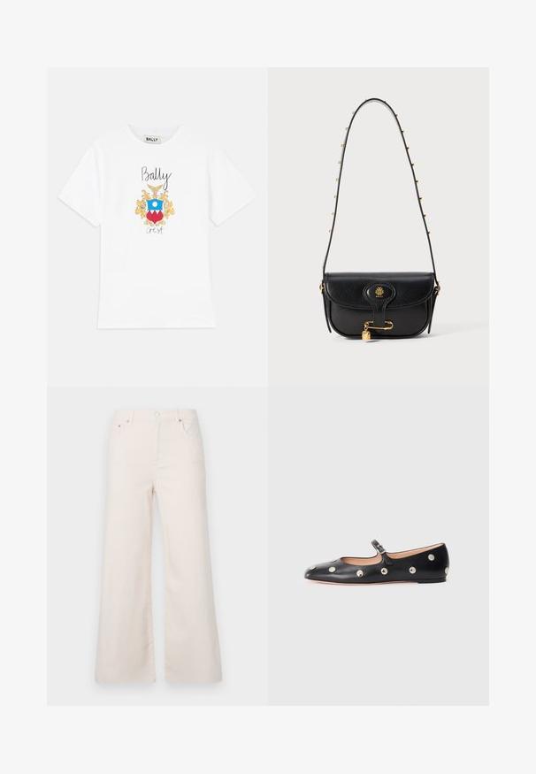 Vit bomull t-shirt med en färgglad grafisk sköld med gula accenter, blå cirkel och röda trianglar. "Bally" är tryckt i svart ovanför skölden.; Breda byxor i ljusbeige denim med hög midja, fem fickor och knäppning fram. Slät textur, minimala sömnadsdetaljer.; Svart läder Mary Jane lägenhetssko med rund tå, prydd med silverfärgade cirkulära nitar och ett justerbart band med spänne.; Svart läderhandväska med en strukturerad design, som har en guldfärgad logotyp, ett hänglåsdetalj och en axelrem prydd med kedja.