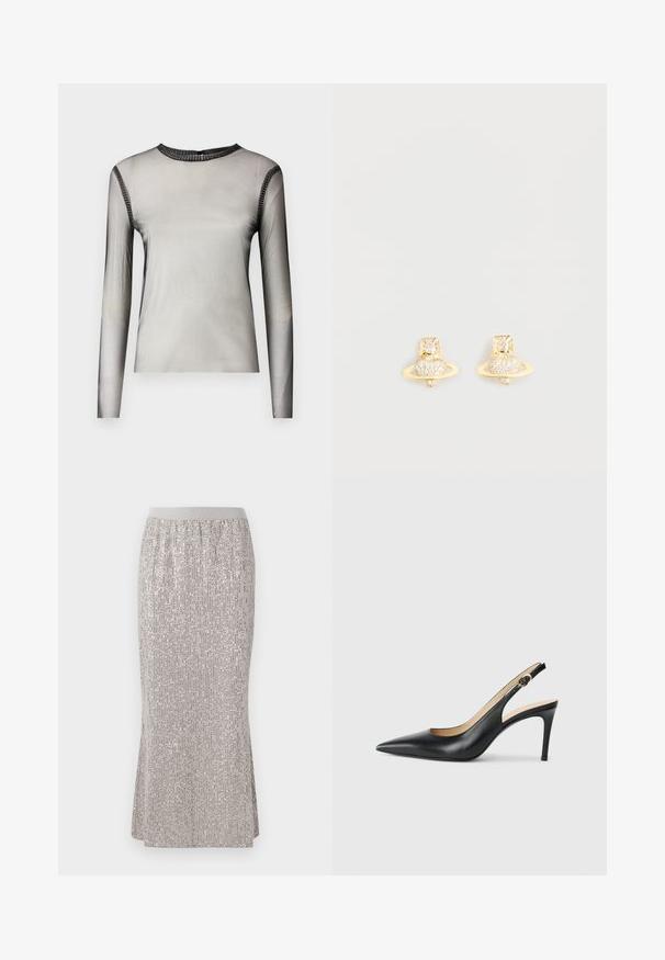 Ilga rankovė, permatoma pilka palaidinė su apvaliu iškirpimu, puošta juodais akmenų akcentais aplink apykaklę ir pečius, lygus paviršius.; Kelių ilgio sidabrinė sijonas su blizgučiais, turintis prigludusią juosmenį, su vertikaliomis blizgiomis raštais ir šoninėmis angomis patogumui judėti.; Juodos odinės slingback aukštakulnės bateliai su smailiu nosiu, reguliuojama juosta ir elegantišku stiletto kulnu, pasižymintys lygia apdaila.; Aukso tono auskarai su užsegimu, vaizduojantys Saturno dizainą su tekstūruota juosta ir įmontuotais apvaliais kristalais, suteikiančiais papildomą blizgesį.