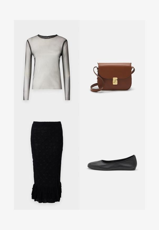 Pikkade varrukatega, läbipaistev hall tipp ümmarguse kaelusega, millel on mustad kiviaktsendid kaeluse ja õlgade ümber, sile tekstuur.; Mustaline musta kudumiskleit, millel on tekstuurne teemantimuster, volangäär ja külgsulg. Materjal näeb välja pehme ja veidi läbipaistev.; Musthave mustika tantsutossud mustast nahast, ümmarguse varbaga, siledast tekstuurist, minimaalse õmblusdetailiga ja paindliku tallakujundusega.; Pruunist nahast käekott, millel on klapiga sulgur, kuldne riistvara, õlarihm ja sile tekstuur. Kompaktne ristkülikukujuline vorm.