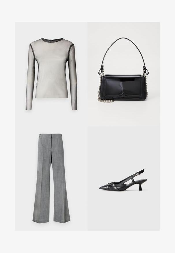 Un haut gris transparent à manches longues avec un col rond, présentant des accents en pierre noire le long du col et des épaules, texture lisse.; Pantalon gris à jambes larges en tissu texturé, doté d'une ceinture lisse et d'un motif de fines rayures.; Chaussure slingback en cuir noir avec un bout pointu, des sangles décoratives avec œillets en métal et un petit talon carré. Surface texturée.; Sac à main en cuir verni noir de forme rectangulaire, avec une chaîne en bandoulière et un accent matériel distinctif au centre. Texture lisse.