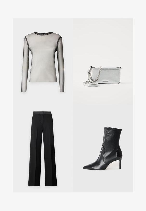Long-sleeved, sheer gray top with a round neckline, featuring black stone accents along the collar and shoulders, smooth texture.; Black wide-leg trousers featuring a smooth waistband and a sleek, tailored design. Made from lightweight fabric with a flowing texture.; Black ankle boots made of smooth leather, featuring a pointed toe, fitted shaft, and a slim high heel. Minimalist design with no visible hardware.; Silver leather crossbody bag with a textured finish, chain and strap accents, and a zipper closure. Features a logo on the front.