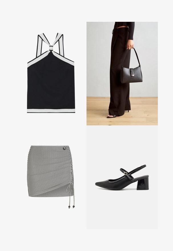 Melnā halter tops ar baltām akcentiem, ar mezglu aizmugurē, teksturētu apdari un pieguļošu siluetu. Vienkārša un moderna.; Melnas un baltas svītrainas mini svārki ar savilkuma sānu detaļām, regulējamu saiti un dekoratīvām pērlēm pie auklas gala.; Melns patentēts ādas sandales ar norādīta pirksta formu, noapaļotu izgriezuma dizainu un bloķētu papēdi. Iezīmēta ar zelta toņa sprādzi.; Melnā somiņa ar strukturētu formu, gludu tekstūru un metālu sprādzi. Saskaņota ar platām melnām biksēm un sandālēm ar atvērtu purngalu uz koka grīdas.