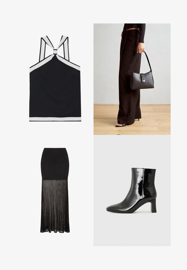 Black halter top with white accents, featuring a knotted back design, a textured finish, and a fitted silhouette. Simple and modern.; Black skirt with a fitted top and a pleated, sheer lower section. Smooth texture above transitions to a flowing, textured appearance below.; Black patent leather ankle boot with a pointed toe and a mid-height block heel. Smooth texture and minimalist design.; Black handbag with structured shape, smooth texture, and a metallic clasp. Paired with wide black pants and open-toe sandals on wooden floor.