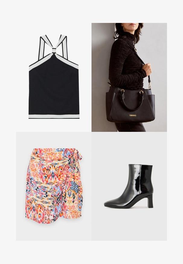 Black halter top with white accents, featuring a knotted back design, a textured finish, and a fitted silhouette. Simple and modern.; Colorful, patterned wrap skirt featuring swirling designs in red, blue, orange, and yellow with a side tie and soft, lightweight fabric.; Black patent leather ankle boot with a pointed toe and a mid-height block heel. Smooth texture and minimalist design.; Black handbag with textured surface, dual top handles, and adjustable shoulder strap. Features gold-tone hardware and side pockets.