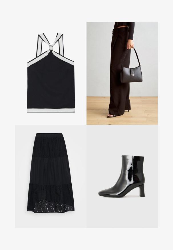 Zwarte haltertop met witte accenten, met een geknoopt rugontwerp, een textuurafwerking en een getailleerde silhouet. Eenvoudig en modern.; Zwarte gelaagde rok met geborduurde bovenlaag, textuur onderaan en geperforeerde details nabij de zoom. Elastische tailleband voor comfort en een goede pasvorm.; Zwarte gepolijste leren enkellaars met een spitse neus en een blokhak van gemiddelde hoogte. Glad textuur en minimalistisch ontwerp.; Zwarte handtas met gestructureerde vorm, gladde textuur en een metalen sluiting. Gecombineerd met brede zwarte broeken en sandalen met open teen op een houten vloer.