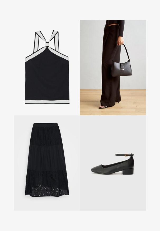 Melnā halter tops ar baltām akcentiem, ar mezglu aizmugurē, teksturētu apdari un pieguļošu siluetu. Vienkārša un moderna.; Melnā slāņotā svārku ar izšūtu augšējo slāni, teksturētu apakšu un acs detaļām pie apakšmalas. Elastīga josta komfortam un piemērotībai.; Melnas ādas sūkņi ar smailu purngalu un zemu bloku papēdi. Iezīmēts ar potītes siksniņu ar zelta krāsas sprādzi. Gluda tekstūra.; Melnā somiņa ar strukturētu formu, gludu tekstūru un metālu sprādzi. Saskaņota ar platām melnām biksēm un sandālēm ar atvērtu purngalu uz koka grīdas.