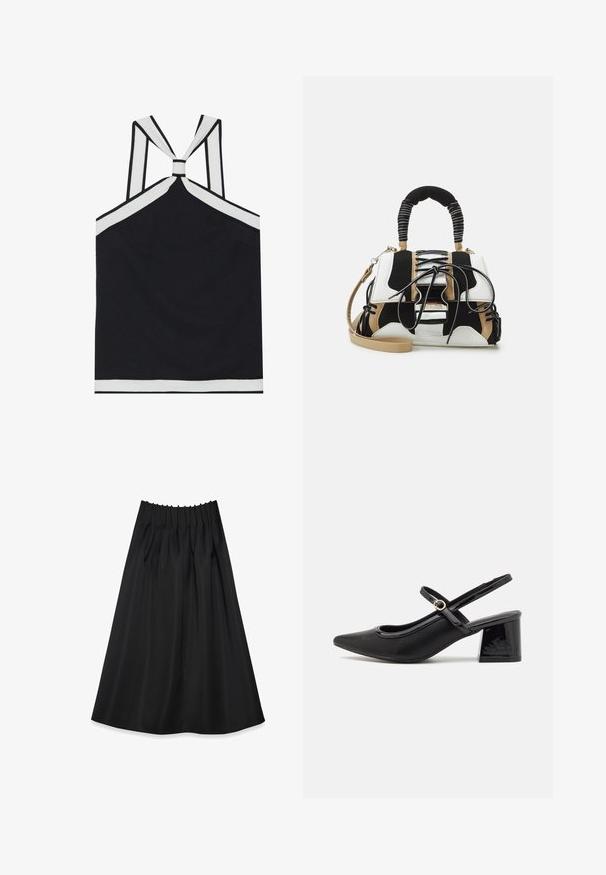 Schwarzes Haltertop mit weißen Akzenten, das ein geknotetes Rückendesign, eine strukturierte Oberfläche und eine figurbetonte Silhouette bietet. Einfach und modern.; Schwarzer Rock aus glattem Stoff mit einem elastischen Bund und Falten, der ein fließendes Design aufweist und bis zur Mitte des Wadenbereichs reicht.; Schwarze Lackleder-Slingback-Absätze mit spitzer Zehenform, einem runden Ausschnitt-Design und einem Blockabsatz. Mit einem goldfarbenen Schnallenakzent.; Mehrfarbige Handtasche aus schwarzem, weißem und beigem Netzmaterial. Verfügt über einen strukturierten Griff, ein Schnürdesign und einen abnehmbaren Schultergurt.