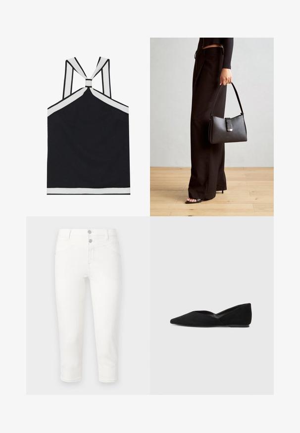 Černý halter top s bílými akcenty, s uzlovým designem na zádech, texturovaným povrchem a přiléhavou siluetou. Jednoduchý a moderní.; Bílé zkrácené džíny vyrobené z bavlněné směsi. Mají dvě přední kapsy, dvě zadní kapsy a hladký povrch. Uzavření na kovový knoflík.; Černé semišové baleríny s špičatou špičkou a tvarovaným výřezem po stranách. Mají hladký povrch a nízkoprofilovou podrážku.; Černá kabelka se strukturovaným tvarem, hladkým povrchem a kovovým uzávěrem. Kombinována s širokými černými kalhotami a sandály s otevřenou špičkou na dřevěné podlaze.