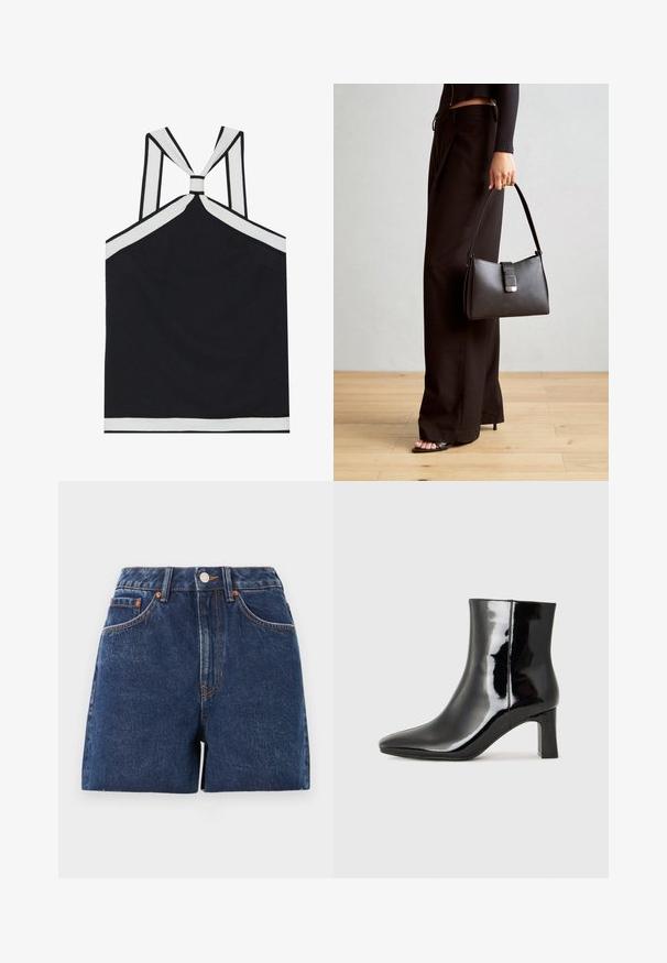 Juodas halter tipo topas su baltais akcentais, turintis mazgo dizainą nugaroje, tekstūrizuotą apdailą ir prigludusią siluetą. Paprasta ir modernaus stiliaus.; Tamsiai mėlyni džinsiniai šortai su aukštu juosmeniu, penkiais kišenėmis, variniu aparatūra ir kontrastingomis siūlėmis. Neapdirbtas kraštas suteikia tekstūros.; Juodos lakuotos odinės aulinukės su smailiu pirštu ir vidutinio aukščio blokuotu kulnu. Lygus paviršius ir minimalistinis dizainas.; Juodas rankinė struktūrizuota forma, lygi tekstūra ir metalinis užsegimas. Suporuota su plačiomis juodomis kelnėmis ir atvirais bateliais ant medinių grindų.