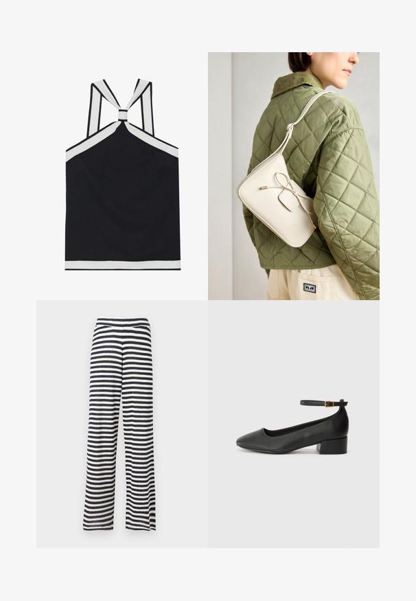Schwarzes Haltertop mit weißen Akzenten, das ein geknotetes Rückendesign, eine strukturierte Oberfläche und eine figurbetonte Silhouette bietet. Einfach und modern.; Weite Hosen aus gestricktem Stoff, mit navyblauen und cremefarbenen horizontalen Streifen, strukturierten Oberfläche und elastischem Bund.; Schwarze Lederpumps mit spitzem Zehenbereich und niedrigem Blockabsatz. Mit einem Knöchelriemen und einer goldfarbenen Schnalle. Glatte Textur.; Beige Leder Crossbody-Tasche mit einer Schleifendetail, goldenen Beschlägen und einem verstellbaren Tragegurt, getragen über einer grünen Steppjacke.