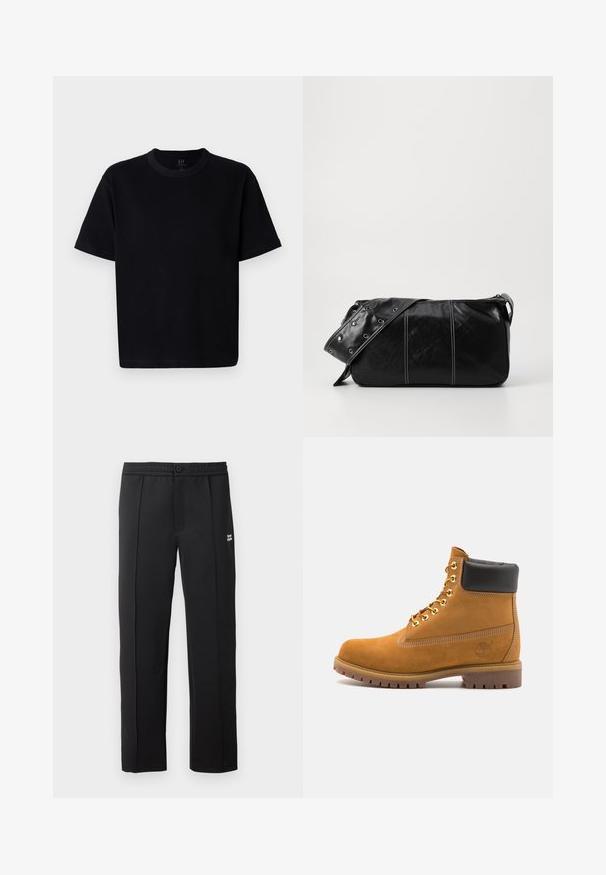 T-shirt preta de algodão com decote redondo, mangas curtas e corte reto. Apresenta costura mínima e uma textura macia e suave.; Calças pretas feitas de um tecido suave, com fecho de botão, bolsos laterais e um pequeno logótipo à frente. Design de perna reta.; Botim de tornozelo em camurça bege com colarinho acolchoado preto, ilhós de metal dourado, detalhes de costura branca e sola de borracha robusta com sulcos pronunciados.; Bolsa de ombro em couro preto com fecho em zíper, apresentando um corpo texturizado, costura branca e uma alça com ilhós prateados.