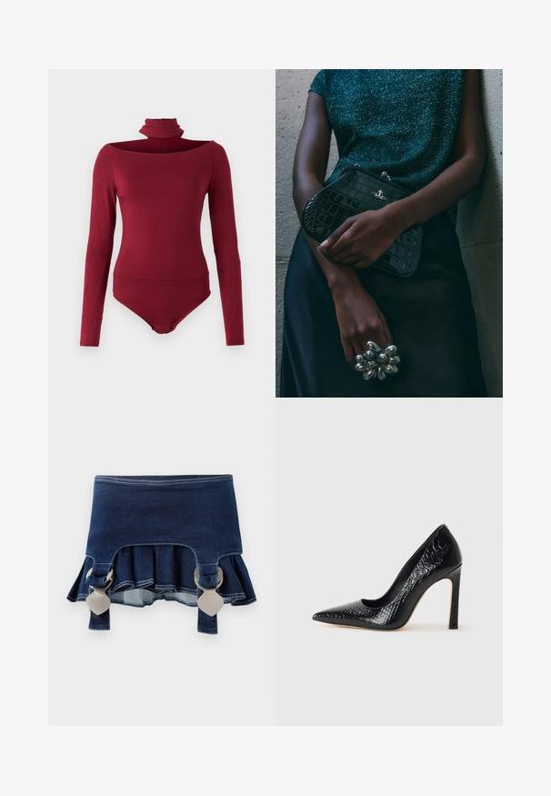 Bodijs ar garām piedurknēm, augstu apkakli un bezsniega dizainu vienkrāsainā bordo krāsā. Izgatavots no mīksta, elastīga auduma.; Džinsu svārki ar izplestu apakšu. Iekļauj divus regulējamus pelēkus aizdare, tumši zilu krāsu un kontrastējošas šuvju detaļas gar apakšmalu.; Melni augstpapēžu apavi ar norādītu purngalu, ar krokodila ādas tekstūru, izceļoties ar elegantu dizainu, augstu stiletto papēdi un gludu melnu interjeru.; Melna krokodilā ādas raksta rokassoma ar sudraba detaļām, turēta pretī tekstūrētai pelēkai fona. Iespējo spīdīgu virsmu.