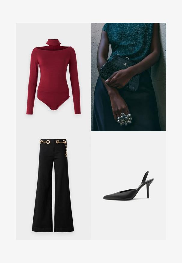 Body s dlouhými rukávy, vysokým límcem a designem bez ramene v jednotné burgundské barvě. Vyrobeno z měkké, elastické látky.; Černé široké kalhoty vyrobené z bavlny, se zlatými kruhovými detaily a řetízkovým prvkem na pase. Hladký povrch, čistý střih.; Černé lodičky na podpatku s špičatou špičkou, hladkým koženým materiálem a elegantním, minimalistickým designem. Vysoký jehlový podpatek.; Černá kabelka ve tvaru psaníčka s krokodýlím vzorem a stříbrným kováním, držena proti texturovanému šedému pozadí. Vyznačuje se lesklým povrchem.