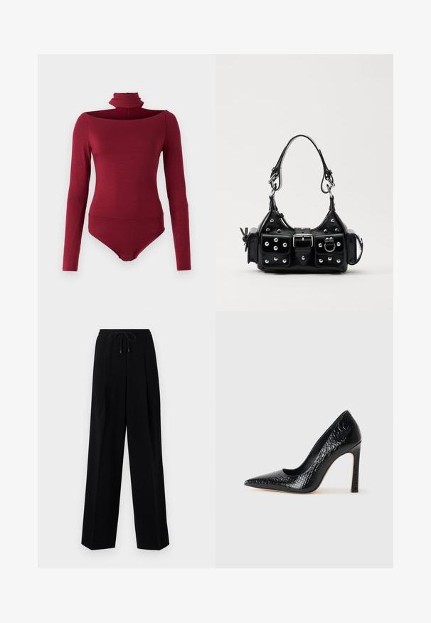 Body mit langen Ärmeln, hohem Kragen und einem schulterfreien Design in einer einheitlichen burgunderfarbenen Farbe. Hergestellt aus einem weichen, dehnbaren Stoff.; Schwarze Hose mit lockerer Passform, gefaltetem Frontbereich, elastischem Bund und Kordelzug. Der Stoff wirkt glatt mit einem leichten Glanz.; Schwarzer, spitz zulaufender High Heel mit Krokodilleder-Struktur, elegantem Design, hohem Stiletto-Absatz und glattem schwarzen Innenraum.; Schwarze Lederhandtasche mit einem geschwungenen Design, verziert mit silbernen Nieten, einer Schnalle und zwei seitlichen Taschen. Verstellbarer Träger für verschiedene Tragemöglichkeiten.