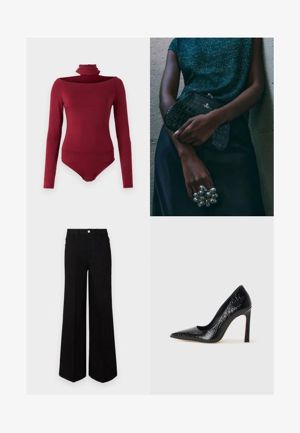 Bodysuit med långa ärmar, hög krage och en off-shoulder-design i en solid bordeauxfärg. Tillverkad av ett mjukt, stretchigt tyg.; Svarta vida jeans i kraftig tyg, med hög midja, framfickor och knäppning fram. Slät fåll längst ner.; Svart spetsig högklackad sko med krokodilskinnsstruktur, som har en elegant design, hög stilettklack och en slät svart innersula.; Svart clutchväska med krokodilmönster och silver detaljer, hålls mot en texturerad grå bakgrund. Har en blank yta.
