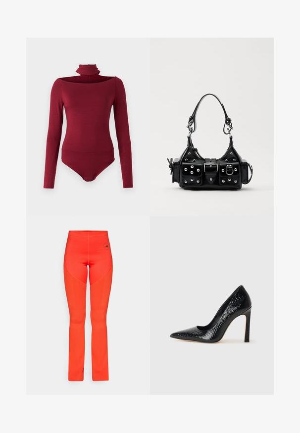 Bodysuit pitkähihaisilla, korkealla kauluksella ja olkapäät paljastavalla muotoilulla, vahvassa burgundinvärisessä sävyssä. Valmistettu pehmeästä, joustavasta kankaasta.; Kirkas oranssit legginsit, joissa on tiukka malli, uritetut yksityiskohdat sivuilla ja logo vyötärön läheisyydessä. Tasaisen sileä pinta koko matkalla.; Musta kapea nilkkakorkokenkä krokotiilin nahkakuviolla, joka on varustettu tyylikkäällä muotoilulla, korkealla stiletto-korkealla ja sileällä mustalla sisäosalla.; Musta nahkainen käsilaukku, jossa on kaareva muotoilu, hopeiset niitit, solki ja kaksi sivutaskua. Säädettävä olkahihna erilaisiin kantovaihtoehtoihin.