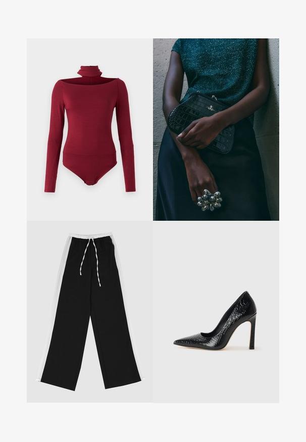 Body s dlhými rukávmi, vysokým golierom a off-shoulder dizajnom v jednoliatej burgundskej farbe. Vyrobené z mäkkej, elastickej látky.; Čierne široké nohavice s bielym bočným pruhom, elastickým pásom a šnúrkou. Vyrobené z mäkkej a hladkej tkaniny pre pohodlie.; Čierna lodička s špicatou špičkou a lakovanou textúrou krokodíla, s elegantným dizajnom, vysokým stiletto podpätkom a hladkým čiernym interiérom.; Čierna clutch kabelka s krokodílovým vzorom a striebornými kovovými prvkami, držaná proti textúrovanému sivému pozadiu. Má lesklý povrch.