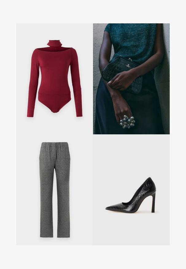 Bodysuit with long sleeves, high collar, and an off-shoulder design in a solid burgundy color. Made from a soft, stretchy fabric.; Gray, textured pants with an elastic waistband and straight leg design. Features a subtle pattern for added visual interest.; Black pointed-toe high heel shoe with a crocodile-skin texture, featuring a sleek design, high stiletto heel, and smooth black interior.; Black crocodile-patterned clutch bag with silver hardware, held against a textured gray background. Features a shiny surface.