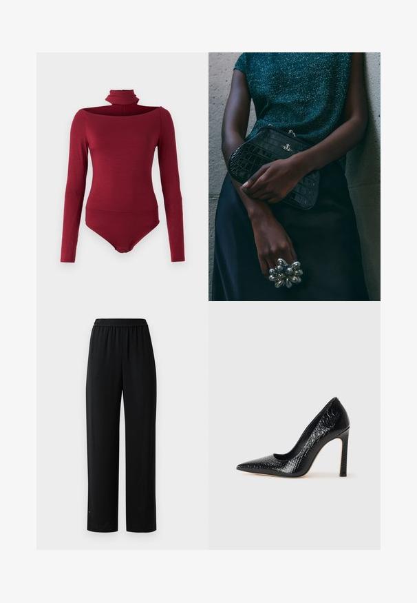 Body con manica lunga, colletto alto e design off-shoulder in un colore borgogna uniforme. Realizzato in un tessuto morbido ed elasticizzato.; Pantaloni neri a gamba larga realizzati in un tessuto morbido con cintura elastica. Presentano una vestibilità dritta e dettagli minimi. Adatti per un abbigliamento casual.; Scarpa nera con punta a punta alta in pelle di coccodrillo, caratterizzata da un design elegante, alto tacco a spillo e interno nero liscio.; Clutch bag nera con motivo coccodrillo e hardware argentato, appoggiata su uno sfondo grigio texture. Presenta una superficie lucida.