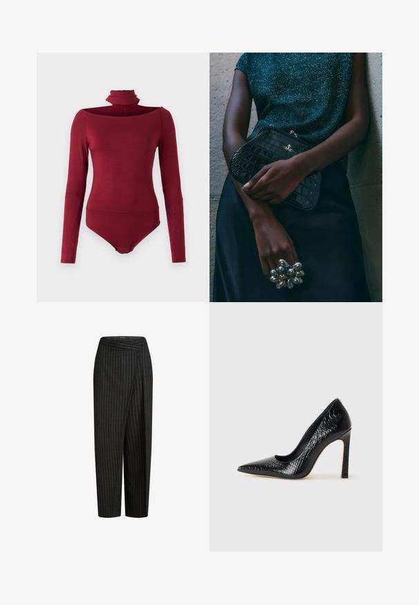 Body met lange mouwen, hoge kraag en een off-shoulder ontwerp in een effen bordeauxkleur. Gemaakt van een zachte, rekbare stof.; Zwarte broek met streepjespatronen en een wijde pijp ontwerp, met een cropped lengte en een geplooide tailleband voor een gekleed uiterlijk. Zachte stoffen textuur.; Zwarte puntige hoge hak schoen met een krokodillenleren textuur, met een slank ontwerp, hoge stiletto-hak, en een gladde zwarte binnenkant.; Zwarte clutch met krokodillenpatroon en zilverkleurige hardware, vastgehouden tegen een gestructureerde grijze achtergrond. Heeft een glanzend oppervlak.