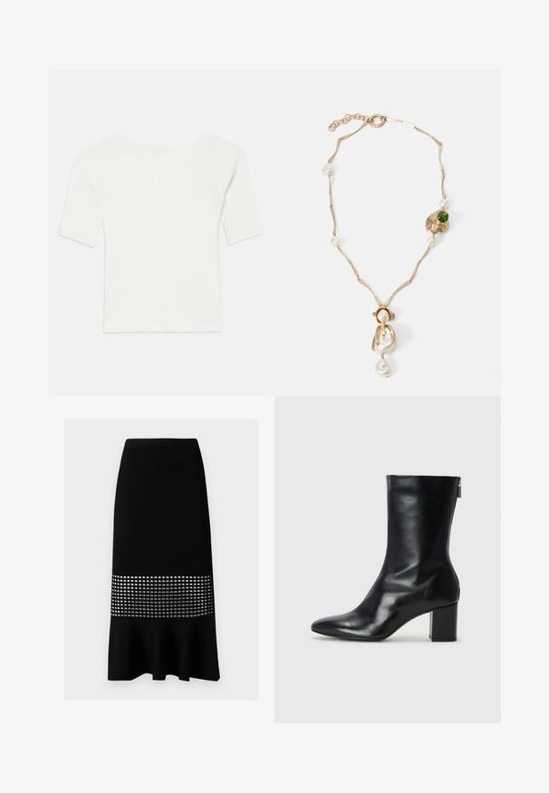 Bela rebrasta majica s kratkimi rokavi in širokim izrezom. Tekstura prikazuje navpične črte, kar poudarja tesno prileganje in preprost dizajn.; Črna rebrasta pletena svinčnik krila s plapolajočim dnom in sredinskim delom z srebrnimi krožnimi izrezi. Gladka tekstura, prilegajoča zasnova.; Črne usnjene gležnjarje s koničastim nosom in 4 cm širokim peto. Elegantna zasnova vsebuje stranski zadrgo za enostavno obuvanje. Gladka tekstura.; Zlatotona ogrlica s uvrnutim karikama, bijelim biserima i zelenim kamenim akcentom. Sadrži složene detalje i kopču za zatvaranje.