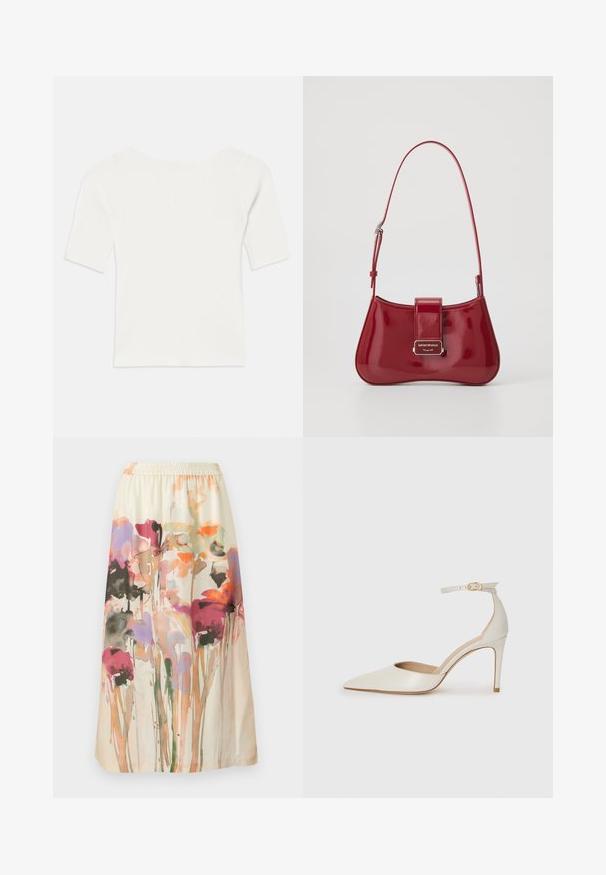 Top bianco a righe con maniche corte e scollo ampio. La texture presenta strisce verticali, enfatizzando una vestibilità aderente e un design semplice.; Gonna stampata floreale con un fondo crema; presenta motivi di fiori astratti colorati in rosa, viola e arancione; vita elastica.; Scarpa col tacco alto in pelle bianca con punta affusolata, cinturino alla caviglia e tacco a stiletto sottile. Texture liscia con una finitura leggermente lucida.; Borsa a tracolla in pelle verniciata rossa con forma curvata, chiusura a pattina e un accento con logo silver. Inclusa tracolla regolabile.