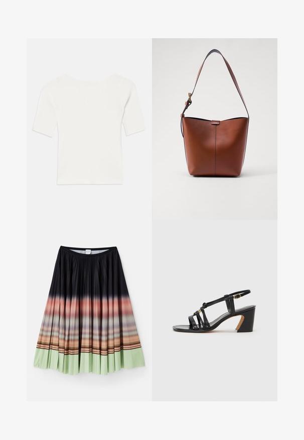 Bílý kratší top s pruhovaným vzorem a širokým výstřihem. Textura obsahuje vertikální pruhy, které zdůrazňují těsný střih a jednoduchý design.; Plisovaná sukně v černé barvě s ombre gradientem, který přechází od oranžové k mintově zelené na spodním okraji, s barevnými pruhovanými akcenty.; Paul Smith AMIRA - Klasické lodičky - black; Hnědá kožená taška přes rameno s zakřiveným tvarem, hladkou texturou a jedním tenkým popruhem. Obsahuje jemný šev a malý detail loga.