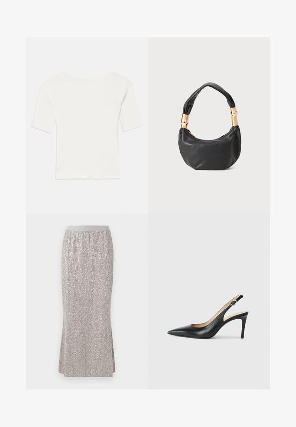 Valkoinen ribbattu lyhythihainen paita, jossa on leveä pääntie. Tekstuurissa on pystysuoria raitoja, jotka korostavat tiukkaa istuvuutta ja yksinkertaista muotoilua.; Polvisyvyinen, hopeista kimalletta sisältävä hame, jossa on tiukka vyötärö, pystysuoria kimalluskuvioita ja sivuaukot liikkumisen helpottamiseksi.; Mustat nahkaslingback-korkokengät, joissa on terävä kärki, säädettävä hihna ja tyylikäs stiletto-korko, jotka tarjoavat sileän pinnan.; Musta nahkalaukku pyöreällä muodolla, pehmeällä pinnalla ja solmulla varustetulla kahvalla, jossa on kultasävyiset yksityiskohdat. Vetoketjusuljenta.