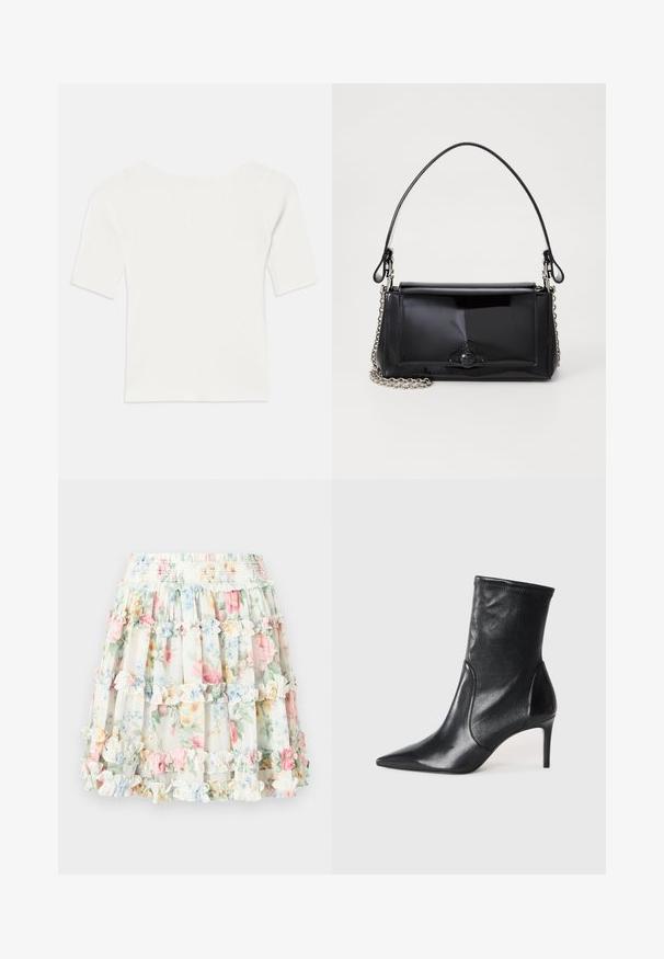 Witte ribben top met korte mouwen en een brede hals. De textuur heeft verticale strepen, die een snug fit en eenvoudig ontwerp benadrukken.; Panelenrok met bloemenprint op een crèmekleurige achtergrond, met pasteltinten in roze, blauw en groen. Elastische tailleband met ruches.; Zwarte enkelboots van soepel leer, met een spitse neus, een aangesloten schacht en een slanke hoge hak. Minimalistisch ontwerp zonder zichtbare hardware.; Zwart gepatineerd leren handtas met een rechthoekige vorm, kettingband en een opvallend hardwareaccent in het midden. Gladde textuur.
