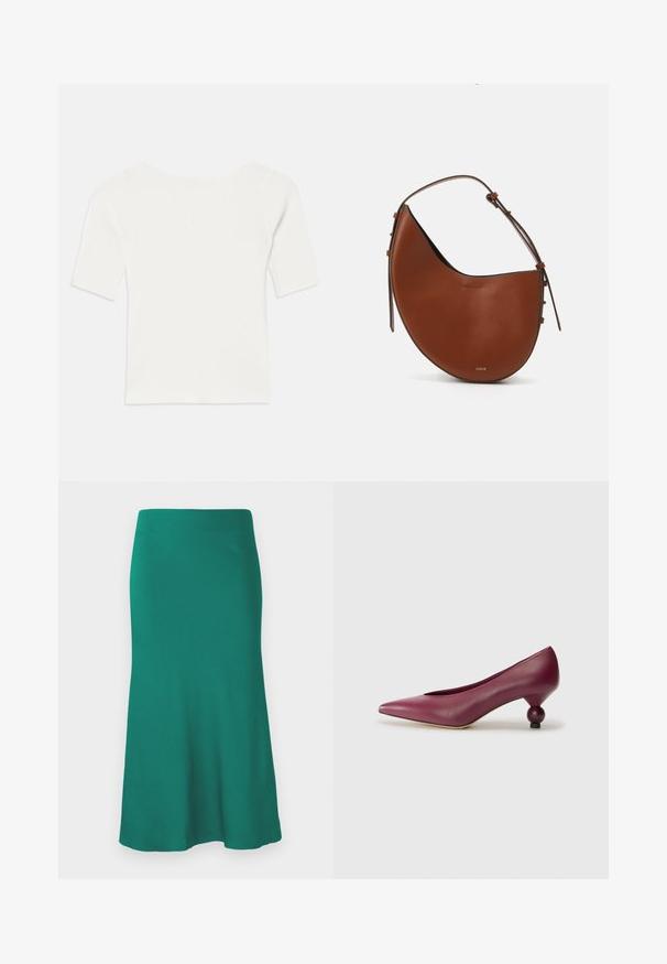 Balts ribots īsām piedurknēm tops ar plašu dekoltē. Raksts ietver vertikālas līnijas, uzsverot ciešu piegulšanu un vienkāršu dizainu.; Zaļš, līdz ceļgaliem garš svārku, izgatavots no gludas auduma, ar platu apakšdaļu un pieguļošu jostu. Nav redzamu rakstu vai metāla detaļu.; Burgundijas ādas kurpes ar smailu purngalu un unikālu apaļu papēdi. Gluda tekstūra ar minimālistisku dizainu un bez redzamām rakstām. ; Brūns ādas plecu soma ar pusmēness formu, šaurs brūns siksniņš un diskrēti zelta detaļas. Raksturīga gluda tekstūra un minimāla šuvju apstrāde.