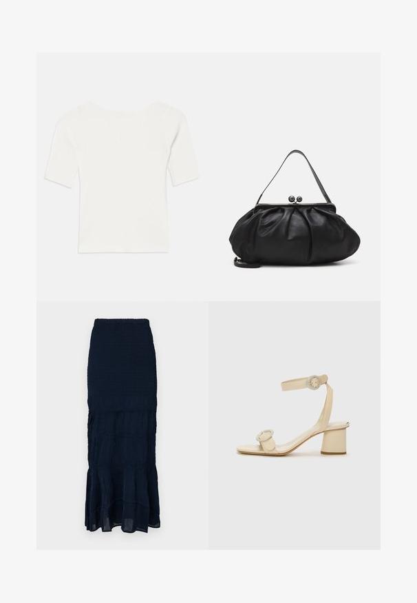 Fehér bordázott, rövid ujjú felső széles nyakkivágással. A textúrája függőleges csíkokkal rendelkezik, hangsúlyozva a szoros illeszkedést és az egyszerű dizájnt.; Tengerészkék, fűzött midi szoknya, többrétegű fodros szegéllyel és texturált anyaggal. Rugalmas derékrész az állítható illeszkedésért.; Krémszínű, magassarkú szandál, minimalista dizájnnal, két kör alakú díszítéssel és vastag sarokkal. Simító bőrből készült.; Fekete bőr kézitáska lekerekített, pliszírozott dizájnnal. Fémes zárja két dekoratív golyóval és egy vékony, lecsatolható pánttal rendelkezik.