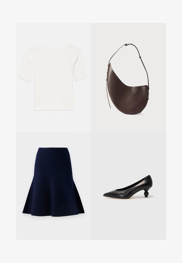 Weißes, geripptes Kurzarmoberteil mit weitem Ausschnitt. Die Textur weist vertikale Streifen auf, die eine eng anliegende Passform und ein einfaches Design betonen.; Marineblaue ausgestellte Rock aus glattem Stoff. Verfügt über eine taillierte Taille und ein schichtweise gestaltetes Saumdesign, das eine subtile A-Linien-Silhouette kreiert.; Schwarze Leder-Pumps mit spitzem Zehenbereich und runder, ballförmiger Ferse. Glatte Textur mit einem eleganten, minimalistischen Design.; Braune Lederhandtasche mit geschwungener Form, einem Schulterriemen und minimalistischem Design. Verfügt über ein dezentes Logo und goldene Hardware-Akzente.