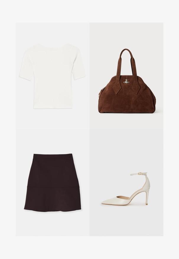 Fehér bordázott, rövid ujjú felső széles nyakkivágással. A textúrája függőleges csíkokkal rendelkezik, hangsúlyozva a szoros illeszkedést és az egyszerű dizájnt.; Sötét lila, térdig érő szoknya sima textúrával, amely a derekánál szűkített és harang alakú szegéllyel rendelkezik. Varrás részlet a középső részen.; Fehér bőr, magassarkú cipő hegyes orral, bokapánttal és vékony tűs sarkal. Simaszövet, finom fényes felülettel.; Barna velúr kézi táska, strukturált formával, kerek testtel és megnyújtott gyémánt alakú fogantyúkkal. Ezüst színű záródással rendelkezik.