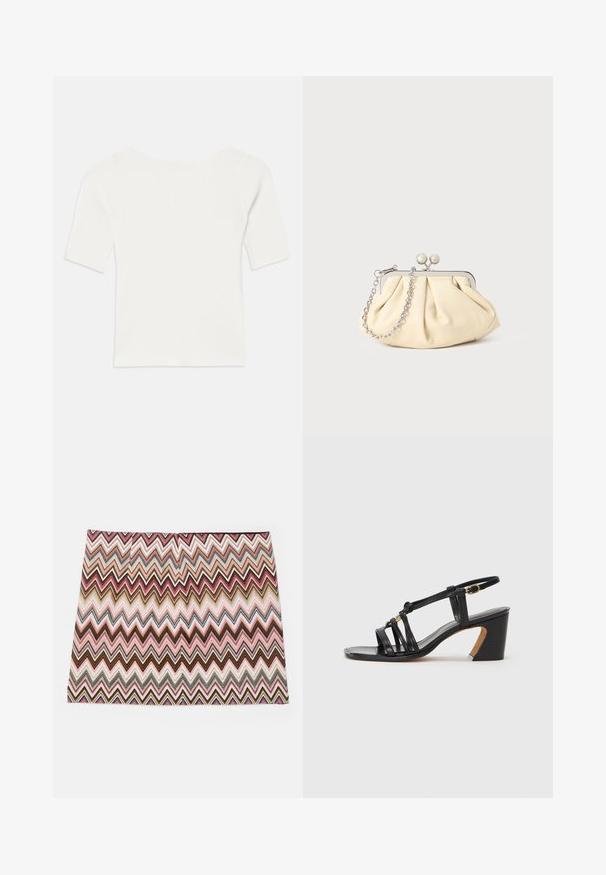 Weißes, geripptes Kurzarmoberteil mit weitem Ausschnitt. Die Textur weist vertikale Streifen auf, die eine eng anliegende Passform und ein einfaches Design betonen.; Bunt gestreifter Rock mit Zickzackmuster in den Farben Pink, Braun und Creme, mit geradem Saum und glatter Textur.; Paul Smith AMIRA - Pumps - black; Faltige beigefarbene Ledertasche mit einem silbernen Metallrahmen, ausgestattet mit zwei runden dekorativen Verschlüssen und einem silbernen Kettenriemen.; Goldring mit einem Kronendesign in einem Hufeisen, verziert mit kleinen klaren Edelsteinen, auf einem weißen Hintergrund.