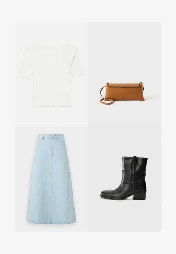 Biely rebrovaný krátky rukáv s širokým výstrihom. Textúra má vertikálne pruhy, čo zvýrazňuje priliehavý strih a jednoduchý dizajn.; Svetlomodrá džínsová sukňa, po kolená, A-liniová silueta, s pásom, predným zapínaním na gombík a dvoma bočnými vreckami. Hladká textúra.; Čierne kožené členkové topánky s okrúhlou špičkou, blokovým podpätkom, bočným zipsom a prešívaním na priehlavku. Hladká textúra, klasický dizajn.; Hnedá kožená kabelka na clutch, obdĺžnikový tvar, textúrovaný povrch, odnímateľný popruh, zipsové zatváranie, decentné logo embosované na prednej strane.