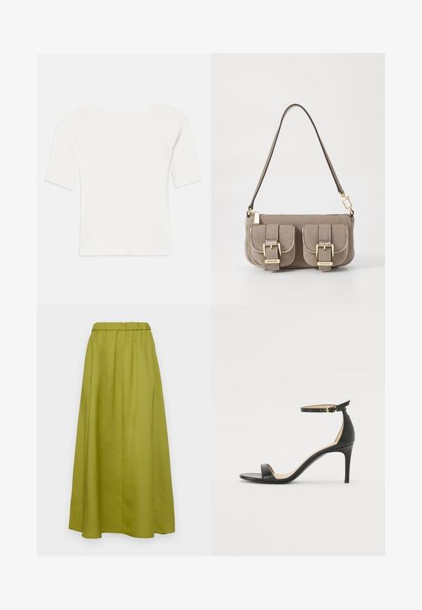 White ribbed short-sleeve top with a wide neckline. The texture features vertical stripes, emphasizing a snug fit and simple design.; Maxi skirt in olive green, made from smooth fabric. Features an elastic waistband and flowing silhouette with pleats for added texture.; Black leather high-heeled sandal with an ankle strap. Features a smooth texture, open toe, and a thin heel. Gold-toned buckle detail.; Beige textured handbag with adjustable strap, two front pockets secured by buckles, and gold hardware accents. Zipper closure at the top.