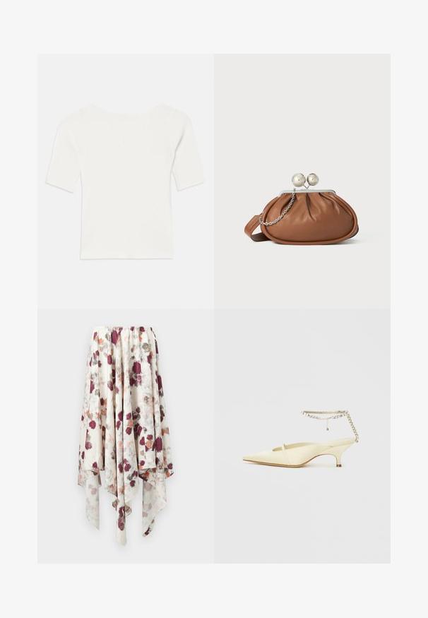 Weißes, geripptes Kurzarmoberteil mit weitem Ausschnitt. Die Textur weist vertikale Streifen auf, die eine eng anliegende Passform und ein einfaches Design betonen.; Weißes Stofftuch mit asymmetrischem Saum, versehen mit einem bordeauxroten, grauen und orangen Aquarelldruck von Blumen, das einen elastischen Bund hat.; Spitze, gelbe Satin-Slingback-Schuh mit niedrigem Absatz und einem dekorativen Kettenknöchelriemen mit Strasssteinen. Glatte Textur, minimalistisches Design.; Braune Leder-Clutch mit silbernem Kugelverschluss und einem kleinen silbernen Kettendetail auf weißem Hintergrund.