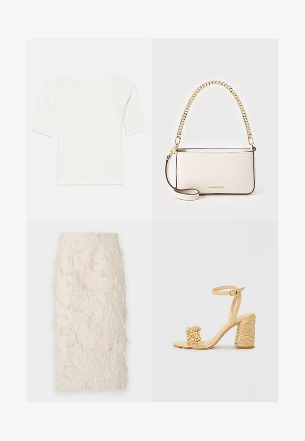 Valge sooniline lühikeste varrukatega topp laia kaelusega. Tekstuuril on vertikaalsed triibud, mis rõhutavad mugavat istuvust ja lihtsat disaini.; Kreemivärvi seelik, millel on tekstuuriga, sule sarnane pind. Omab keha järgivalt lõiget ja keskmist pikkust, sobides erinevateks sündmusteks.; Beez kõrge kontsaga sandaalid, millel on punutud tekstuur, dekoratiivne lilleke ja pahkluu rihm. Ruudukujuline konts tagab stabiilsuse.; Valge nahast kott tekstureeritud viimistlusega, millel on kuldne ahelast rihm ja eemaldatav õlarihm. Logo on esiküljel reljeefne.